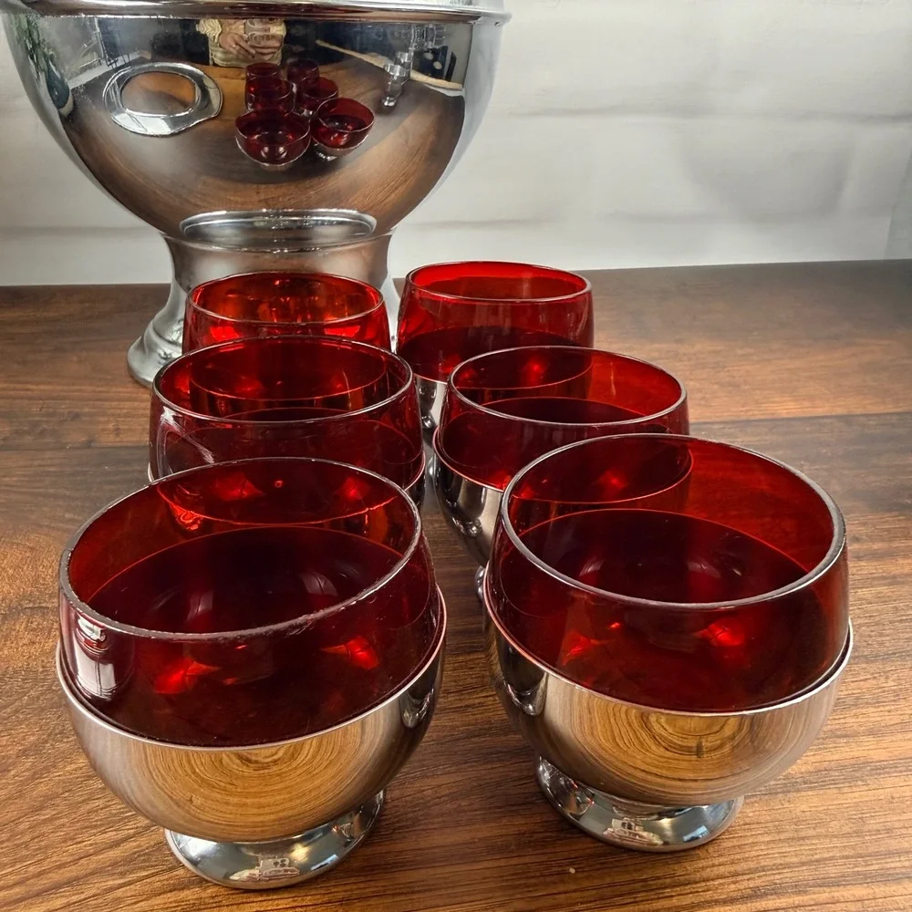 Chase USA Saturn Punch Bowl Set Ruby Glass Mid Century Barware